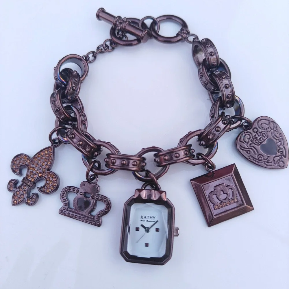 Kathy Van Zeeland Bronze Chunky Charm Bracelet Watch Fleur-de-Lis Crown Heart